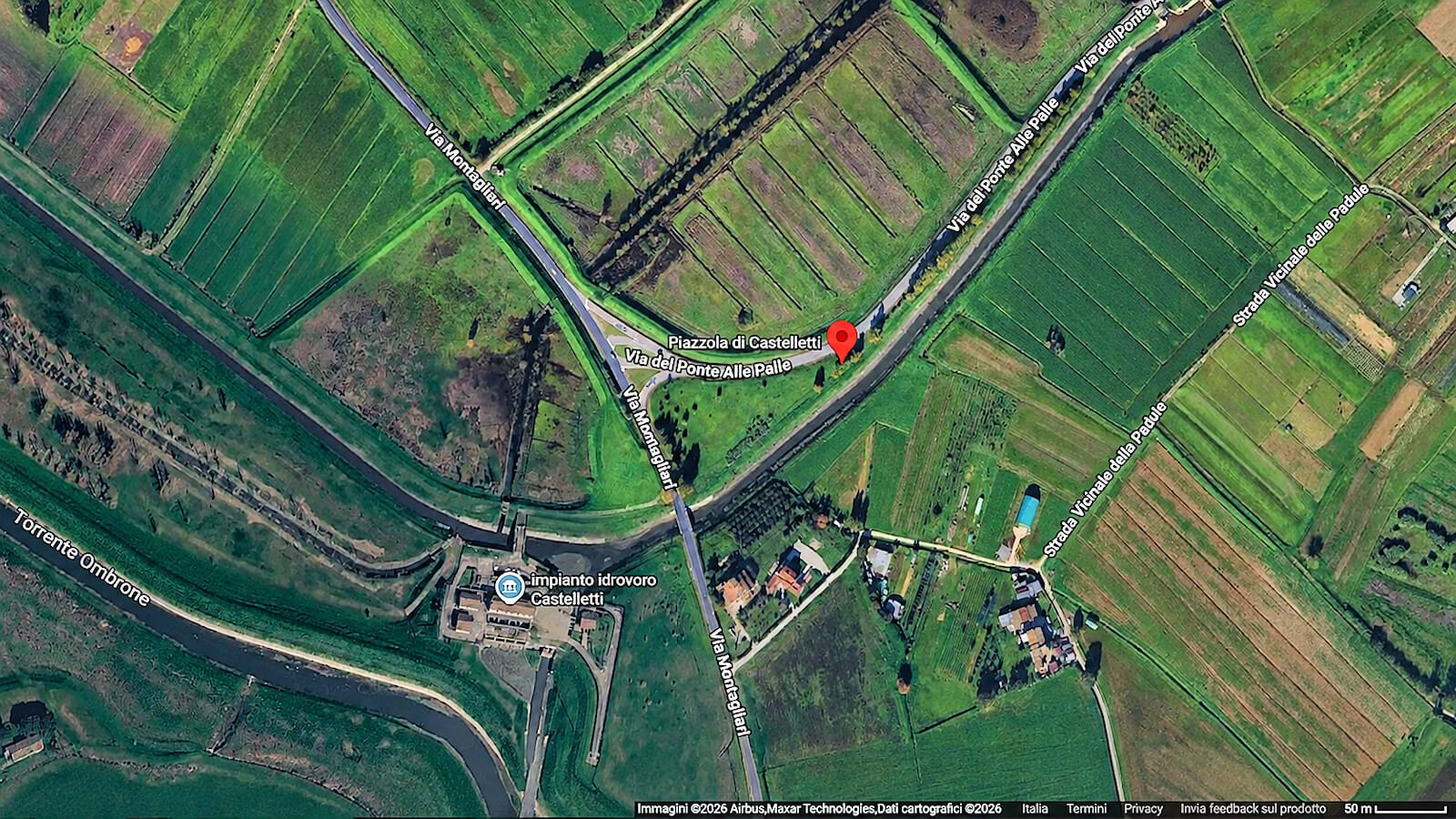 Veduta satellitare della Piazzola di Castelletti di Signa e delle poche costruzioni rurali circostanti