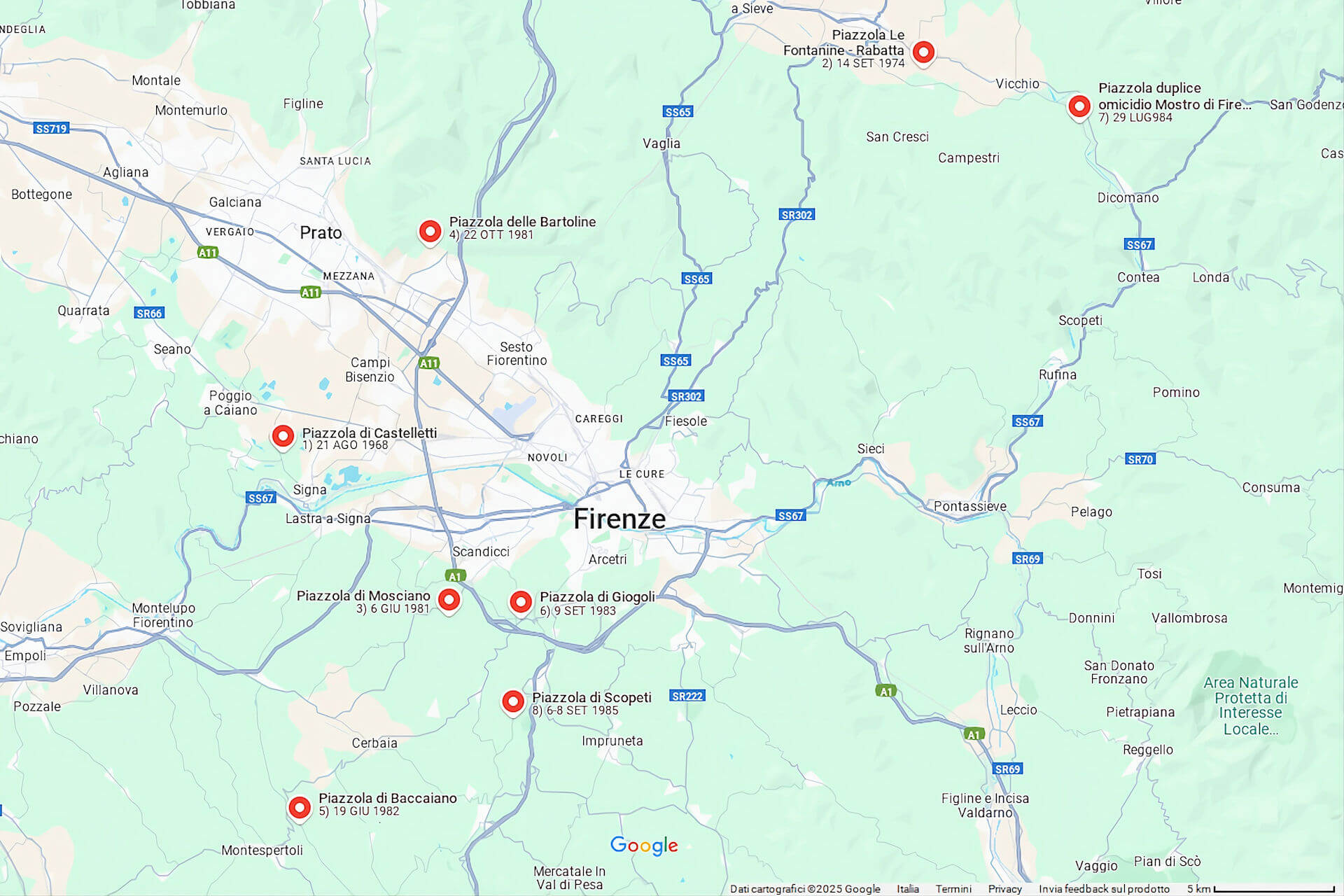 Mappa dei luoghi degli otto duplici omicidi del Mostro di Firenze (1968–1985)