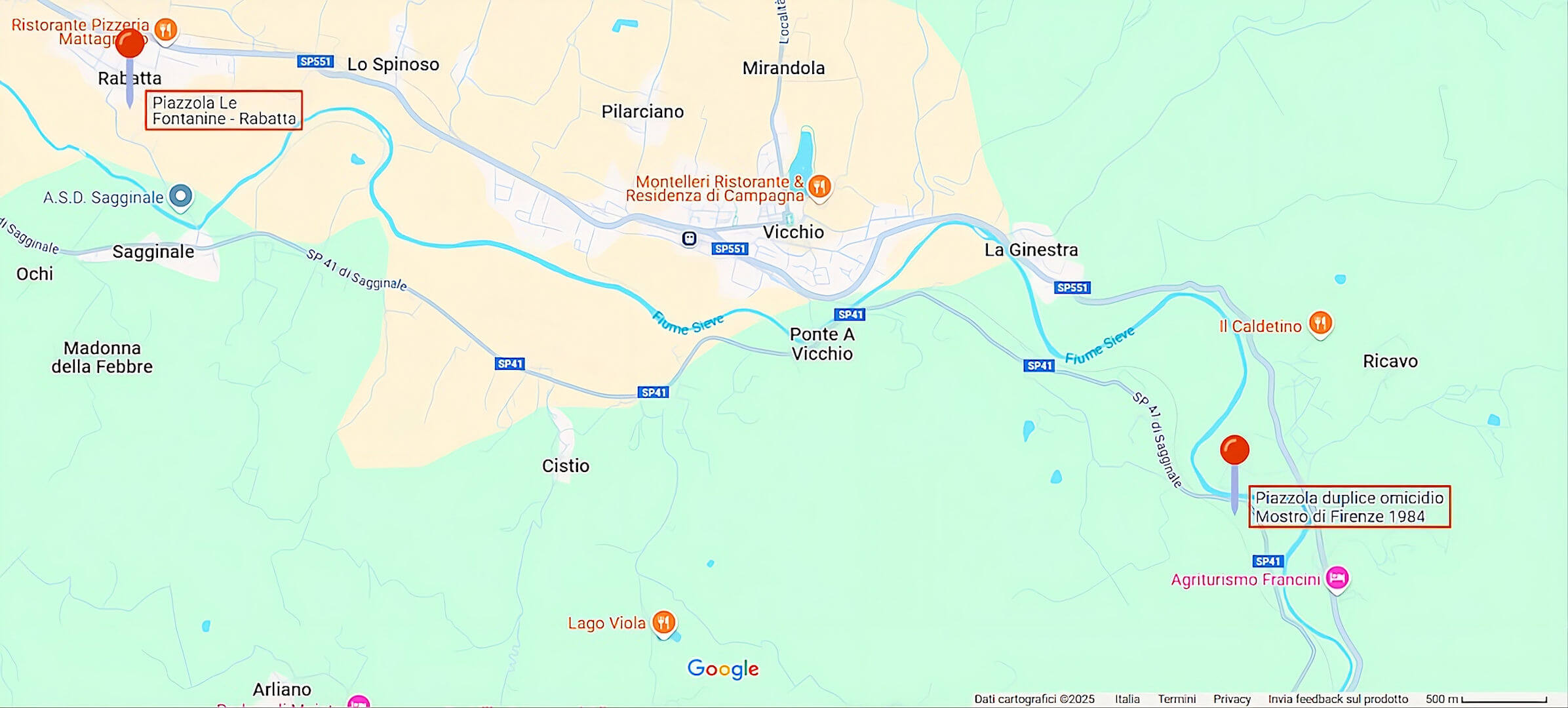 Mappa della porzione di Mugello teatro di due duplici omicidi del Mostro di Firenze