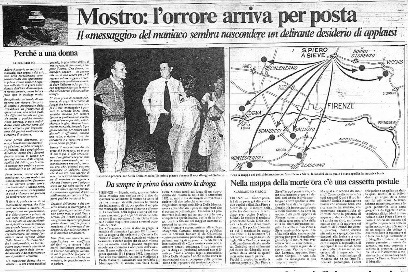 Pagina del quotidiano La Nazione dedicata all’invio del reperto anatomico alla dottoressa Silvia Della Monica dopo il duplice omicidio di Scopeti (1985)