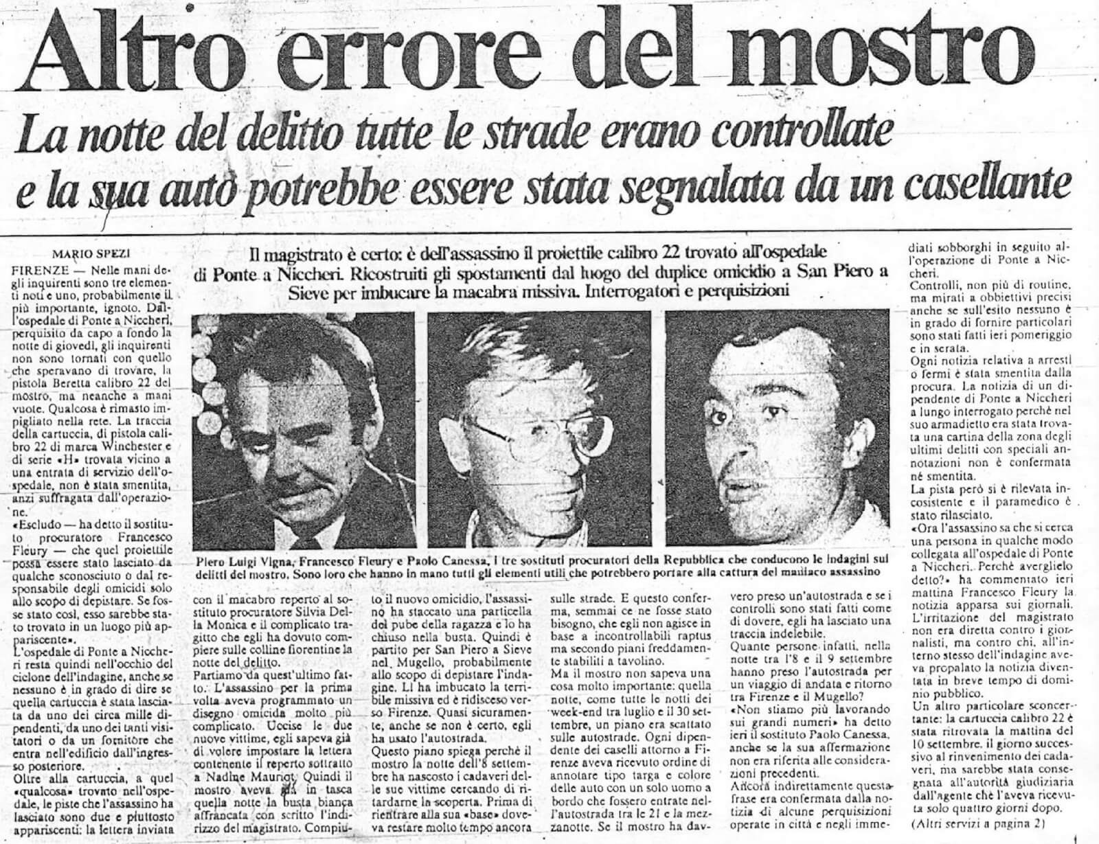 Ritaglio del quotidiano La Nazione del 29 settembre 1985, dal titolo “Altro errore del mostro” e sottotitolo “La notte del delitto tutte le strade erano controllate e la sua auto potrebbe essere stata segnalata da un casellante”