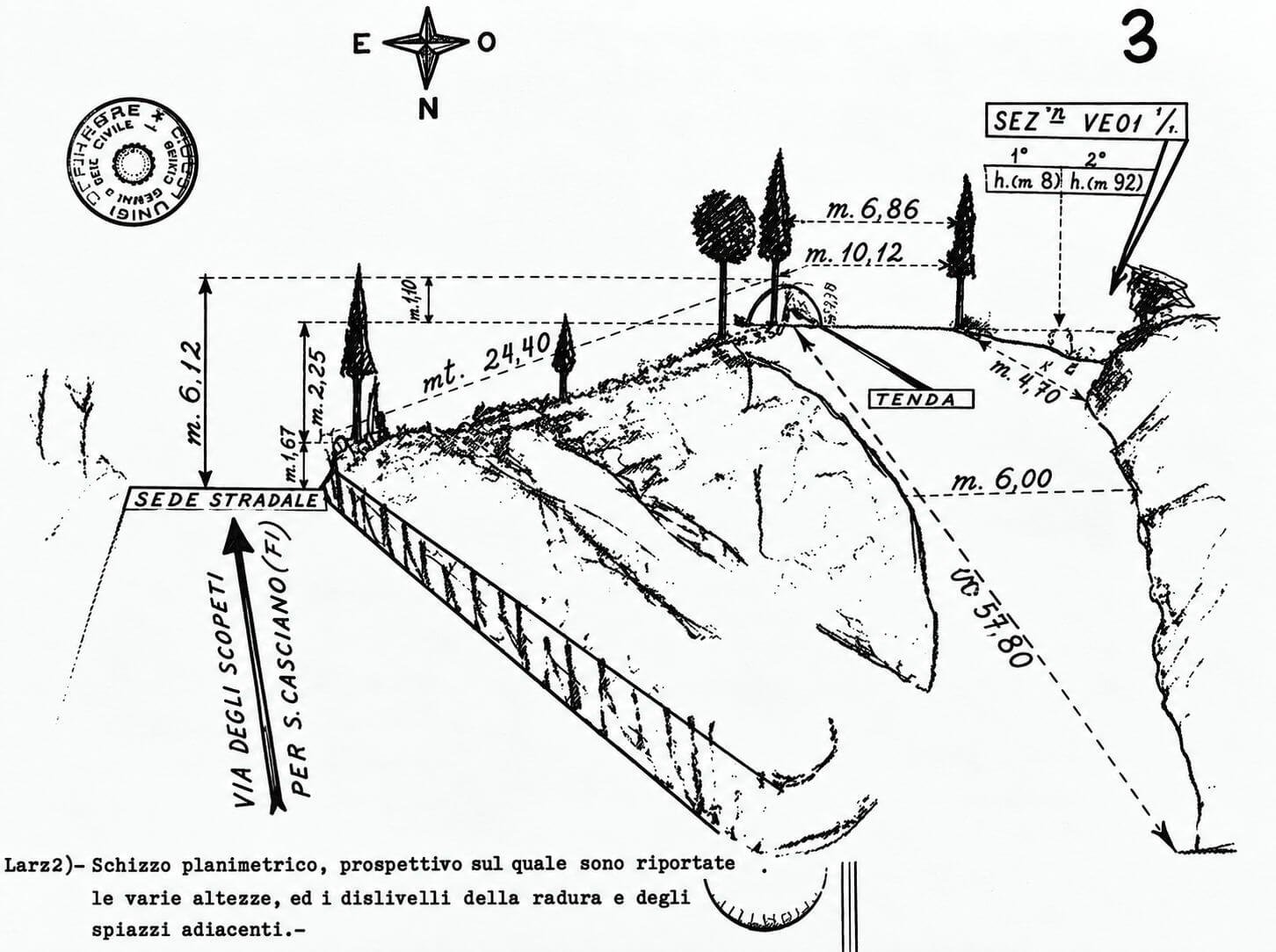 Schizzo planimetrico e prospettico del luogo del delitto degli Scopeti, con distanze e dislivelli fra la strada e la radura