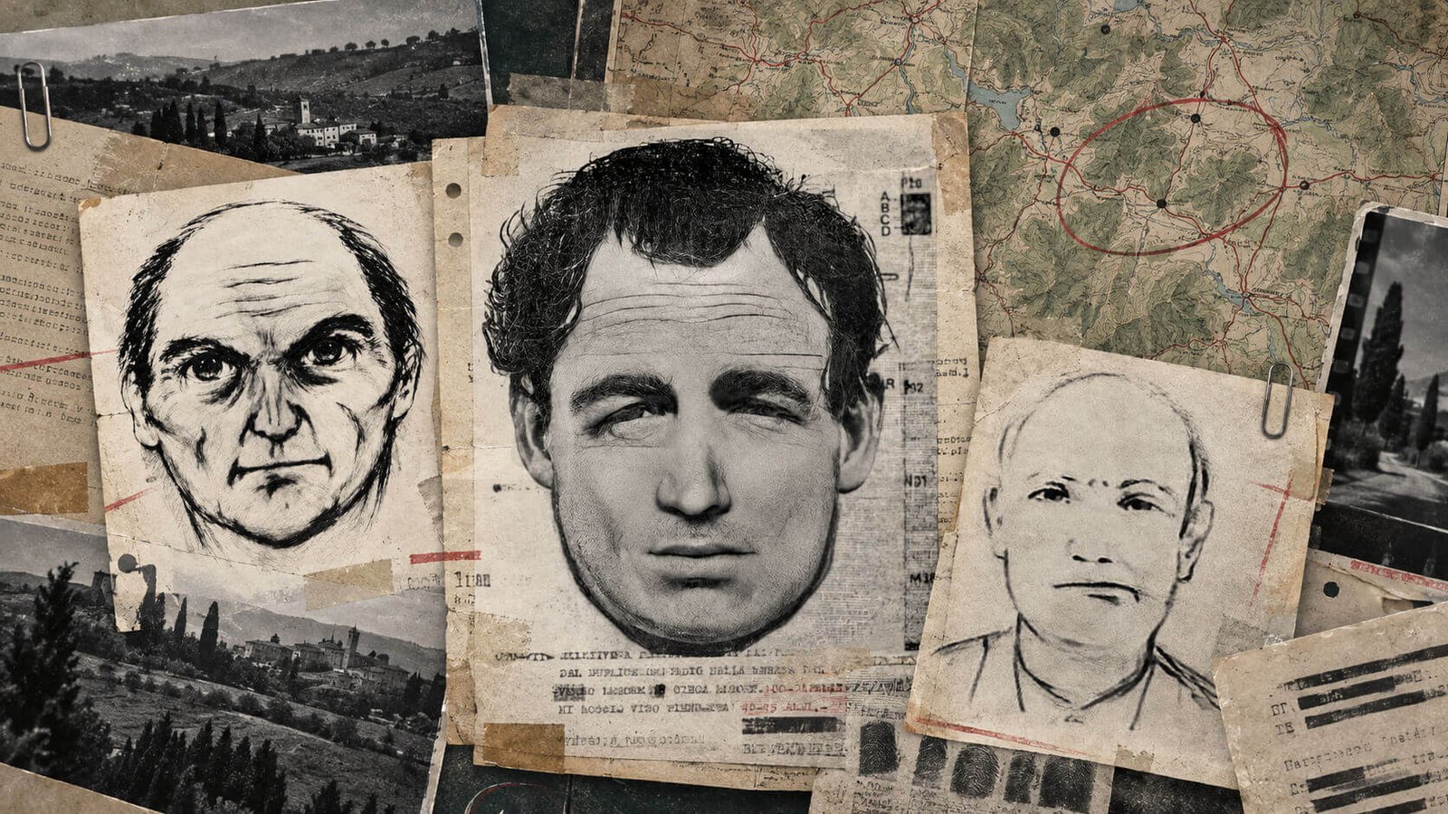 Montaggio illustrativo di tre identikit storici relativi alle indagini sul Mostro di Firenze
